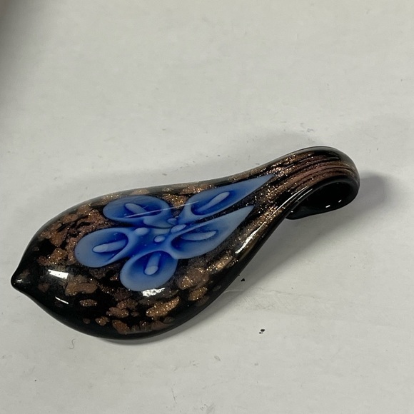 Tear Drop Art Glass Black and blue gold With sparkle Flower Pendant - Picture 2 of 3